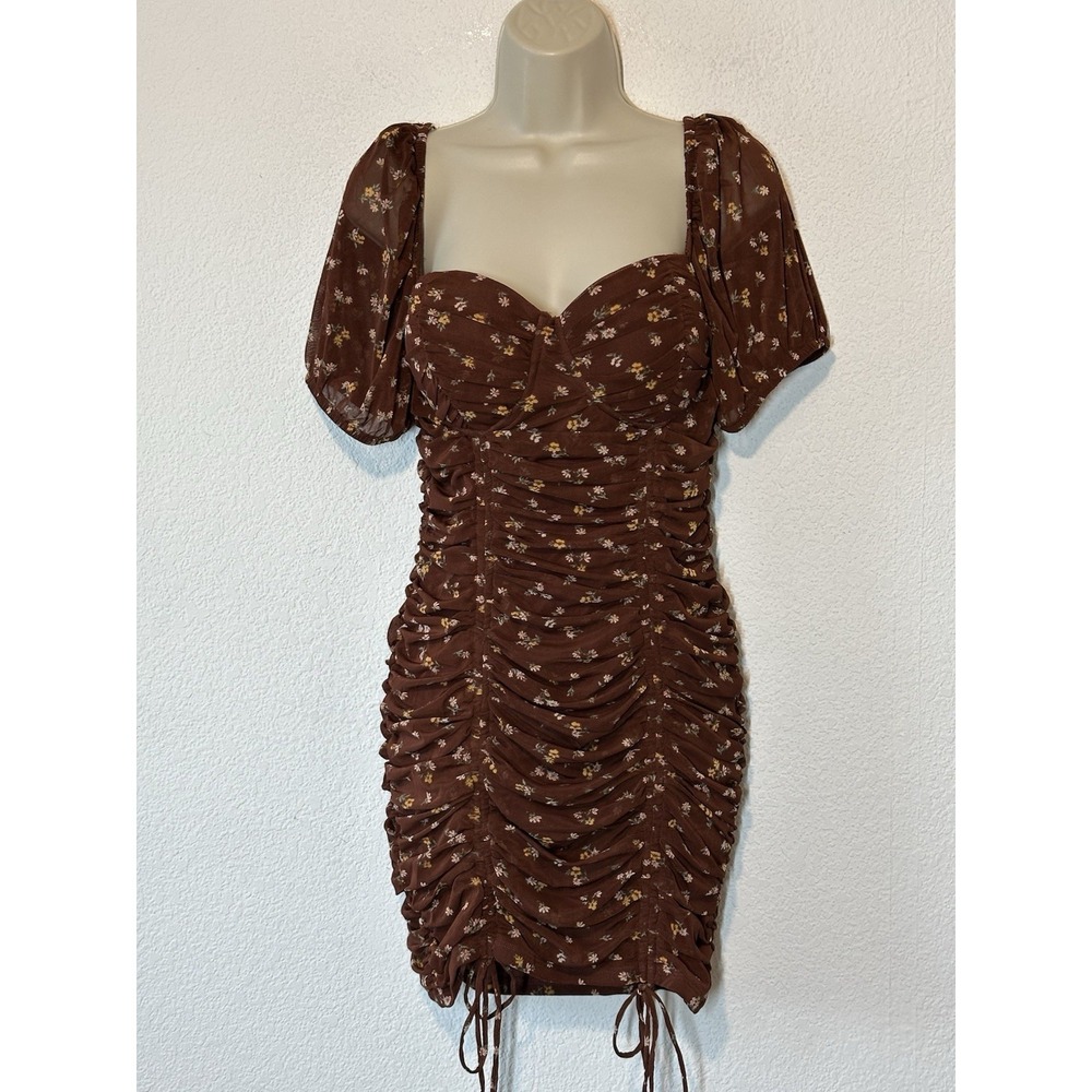 Y2K Inspired Brown‎ Ditzy Floral Ruched Bodycon Coquette Milkmaid Sz L